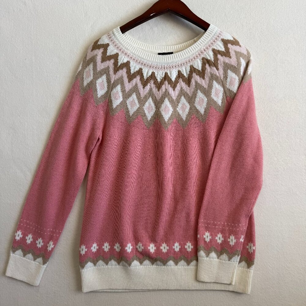 Talbots Sweater Womens Large Pink White Argyle Lambswool Blend Prep Cottagecore